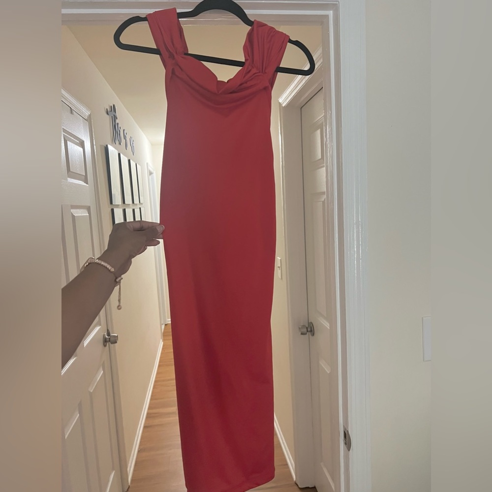 Red Rouched off the shoulder body con midi dress
